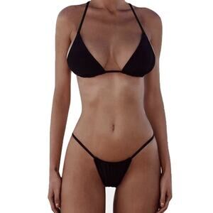 XUNYU Thong Bikini Set Women - Brazilian Micro String Bikini Sexy Black Small